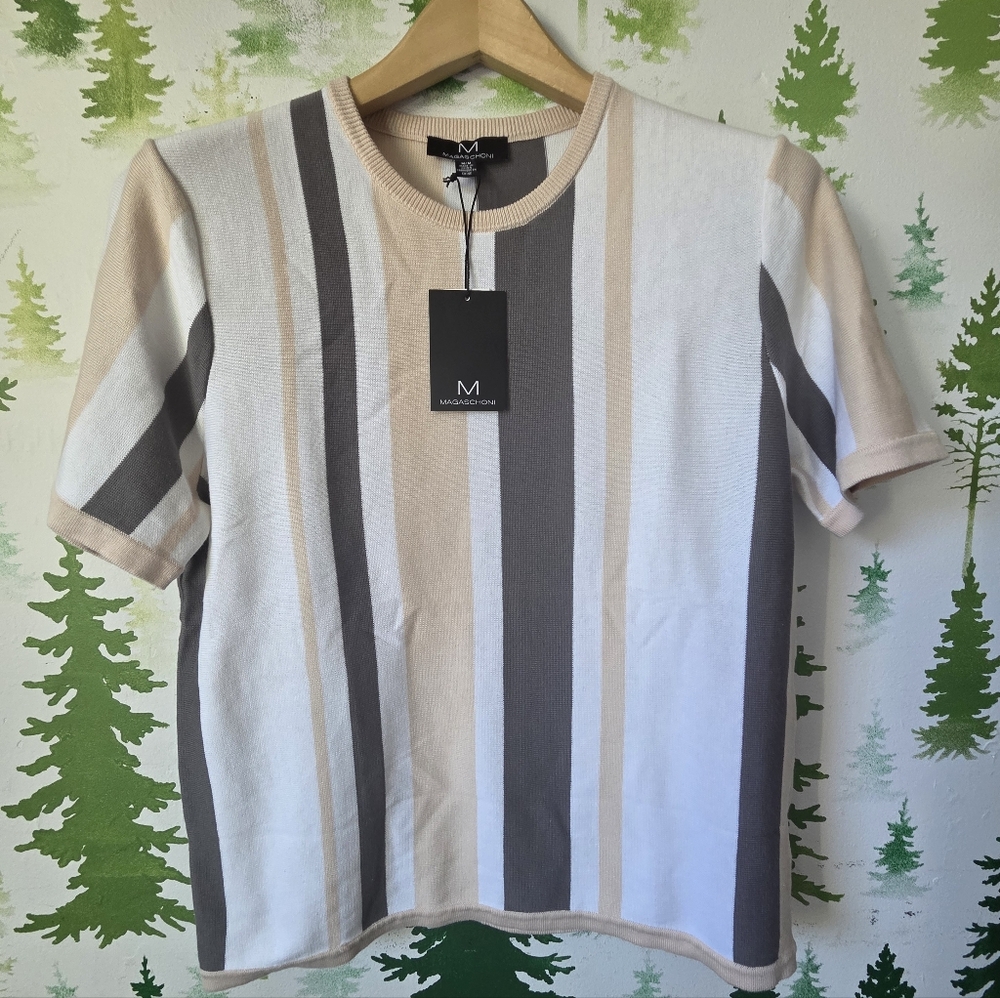 Magaschoni Men’s Short Sleeve Stripe Shirt